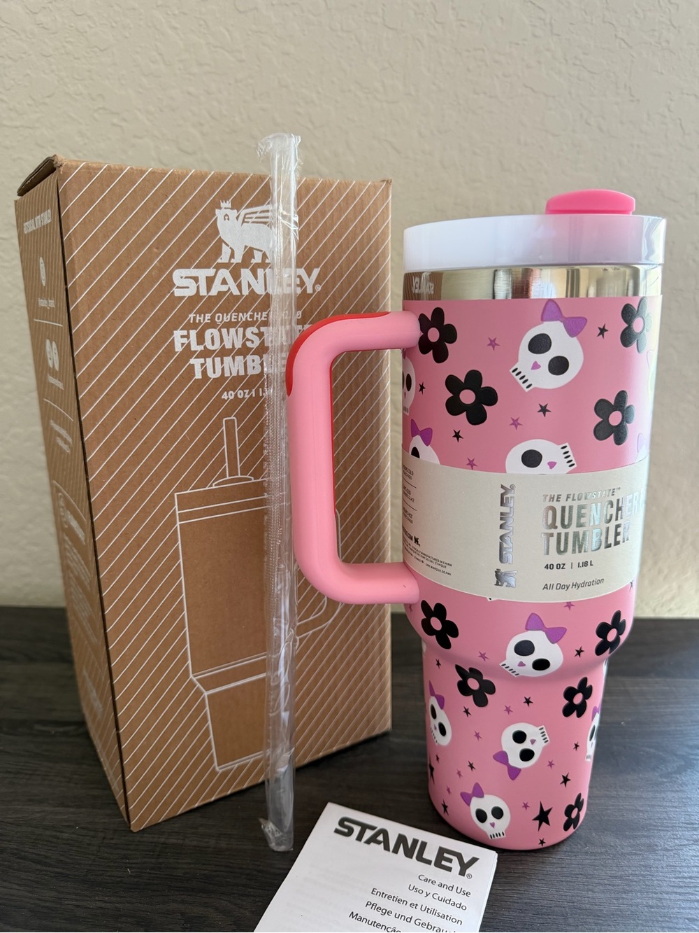 Stanley Quencher H2.0 40oz Pink Skull Floral Tumbler